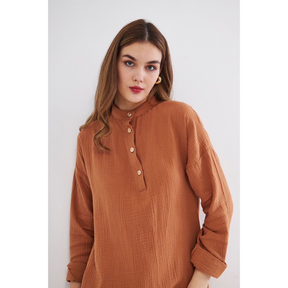 Pasaklı Giyim Pasaklı Giyim Kadın Müslin Tunik Gömlek Kahverengi - Premium Kadın Giyim
