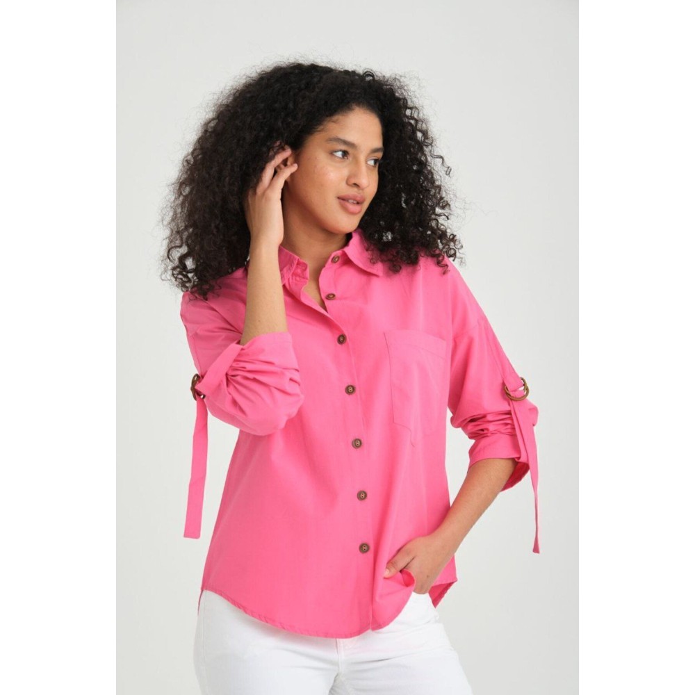 Pasaklı Giyim Kadın Fuşya Pembe Uzun Kollu Apoletli Cepli Toka Detaylı Oval Bol Kesim Poplin Salaş Gömlek - Premium Kadın Giyim