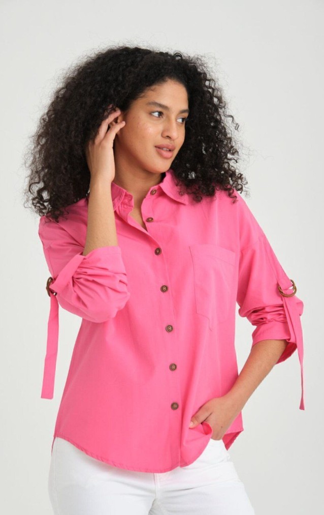 Kadın Fuşya Pembe Uzun Kollu Apoletli Cepli Toka Detaylı Oval Bol Kesim Poplin Salaş  Gömlek 3557195