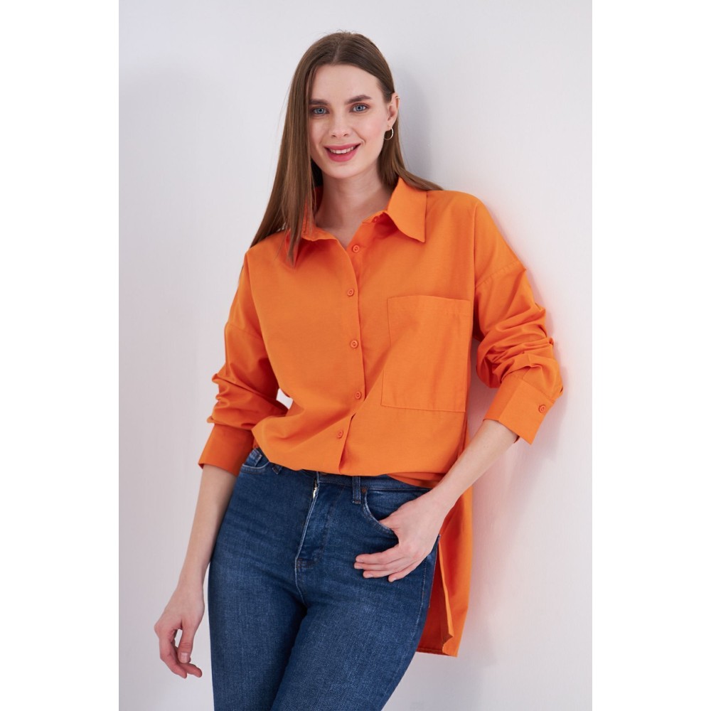 Pasaklı Giyim Kadın Turuncu Uzun Kollu Terikoton Özel Kumaş Cepli Spor Uzun Tunik Gömlek - Premium Kadın Giyim