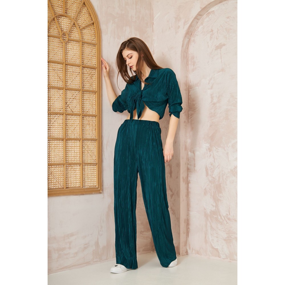 Pasaklı Giyim Pasaklı Giyim kadın Piliseli Bürümcük Pantolon Tunik Alt Üst Takım Petrol - Premium Kadın Giyim