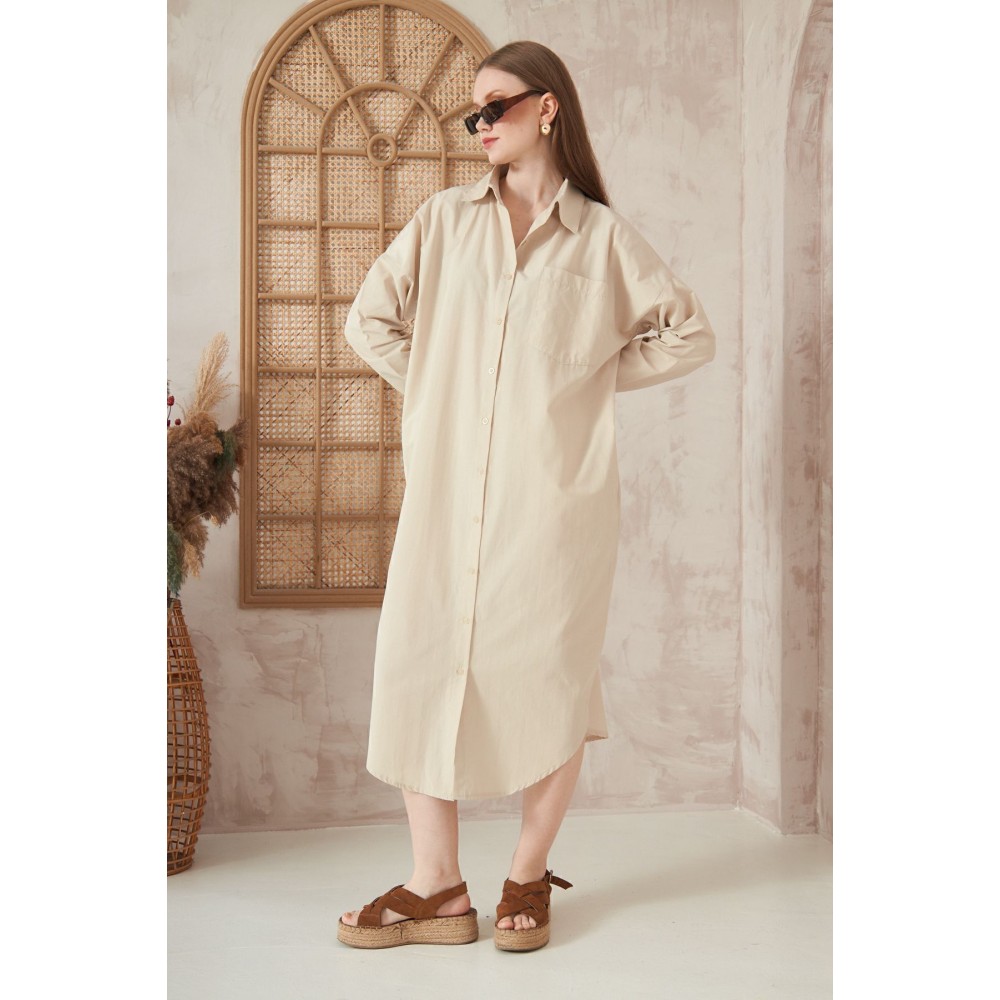 Pasaklı Giyim Pasaklı Giyim Kadın Poplin Oversize Tunik-Gömlek Elbise Taş - Premium Kadın Giyim