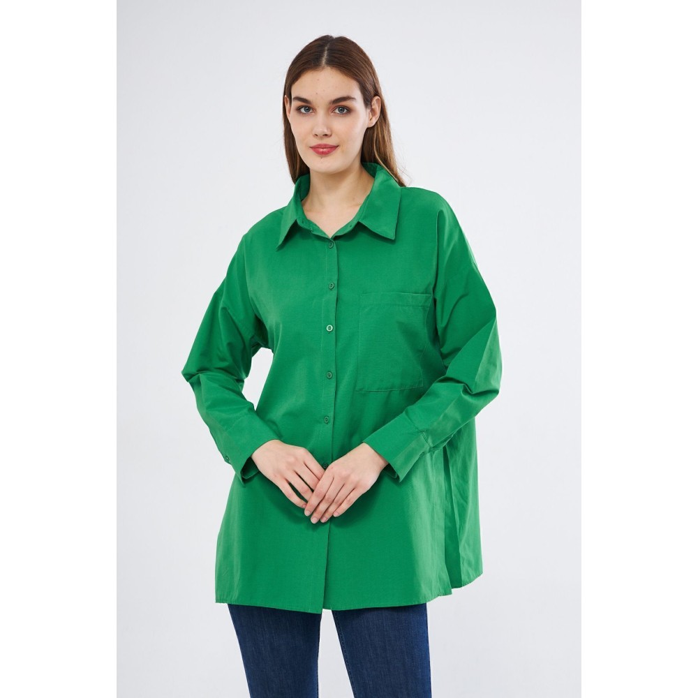 Pasaklı Giyim Kadın Benetton Yeşil Uzun Kollu Terikoton Özel Kumaş Cepli Spor Uzun Tunik Gömlek - Premium Kadın Giyim