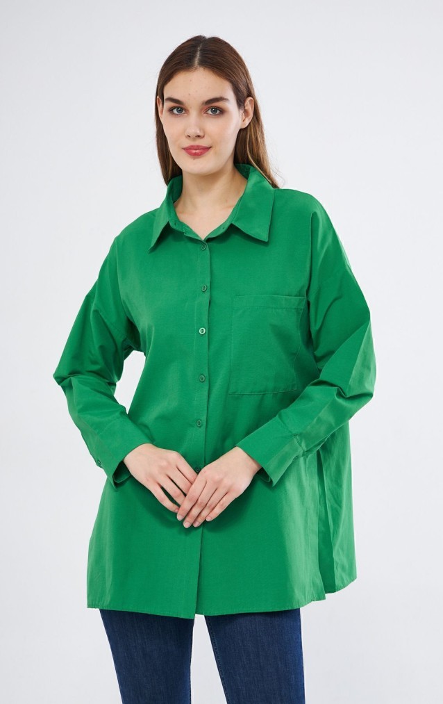 Kadın Benetton Yeşil  Uzun Kollu Terikoton Özel Kumaş Cepli  Spor Uzun Tunik Gömlek 3518185