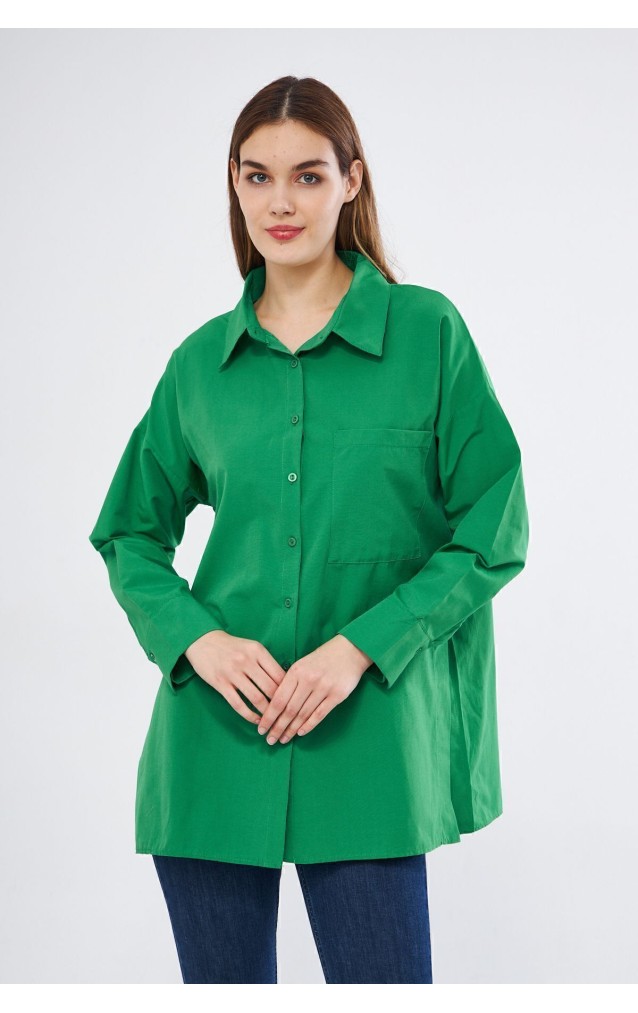 Kadın Benetton Yeşil  Uzun Kollu Terikoton Özel Kumaş Cepli  Spor Uzun Tunik Gömlek 3518185