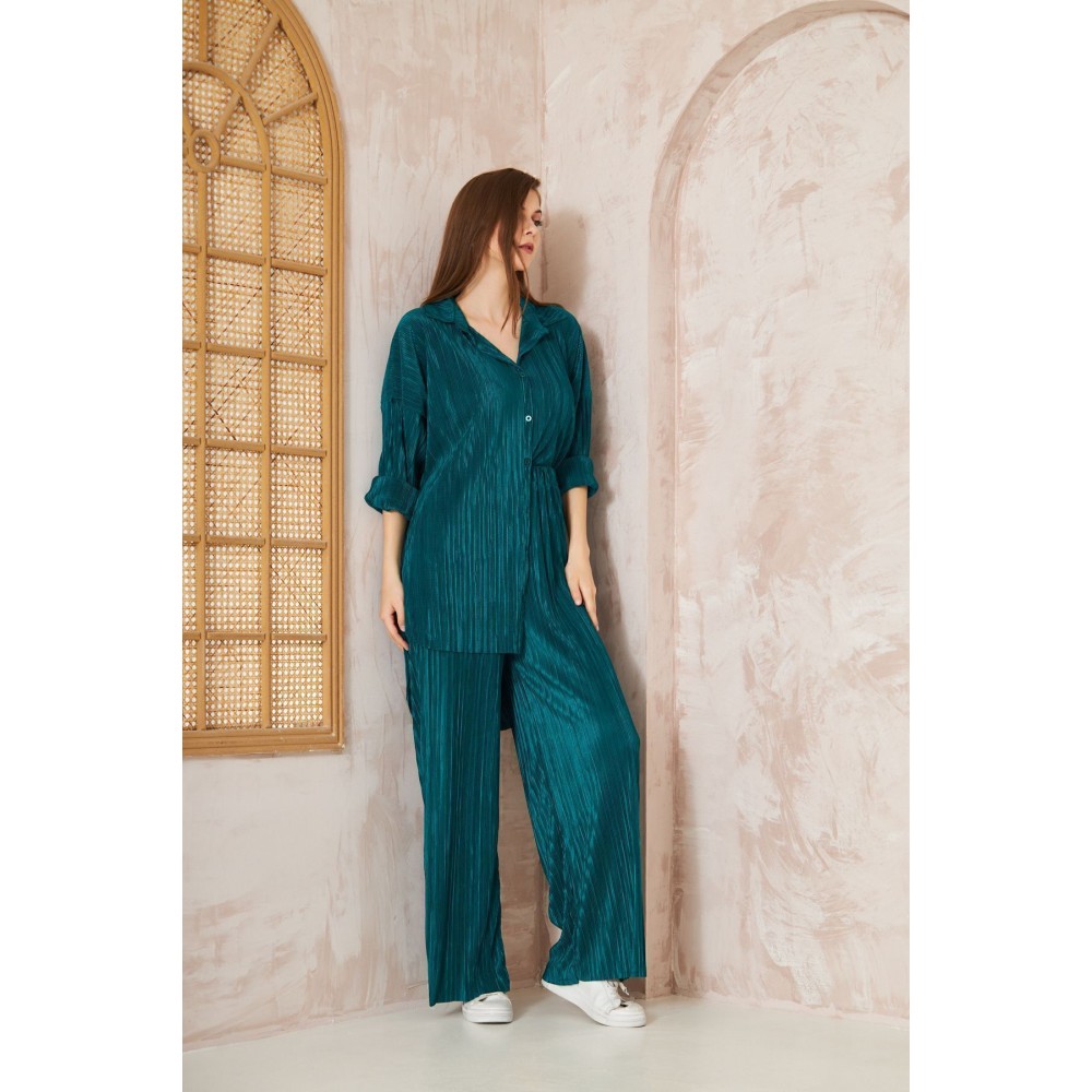Pasaklı Giyim Pasaklı Giyim kadın Piliseli Bürümcük Pantolon Tunik Alt Üst Takım Zümrüt - Premium Kadın Giyim