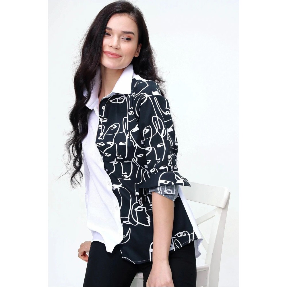 Pasaklı Giyim Pasaklı Giyim Kadın Yüz Silüetli Basic Gömlek Beyaz Siyah - Premium Kadın Giyim