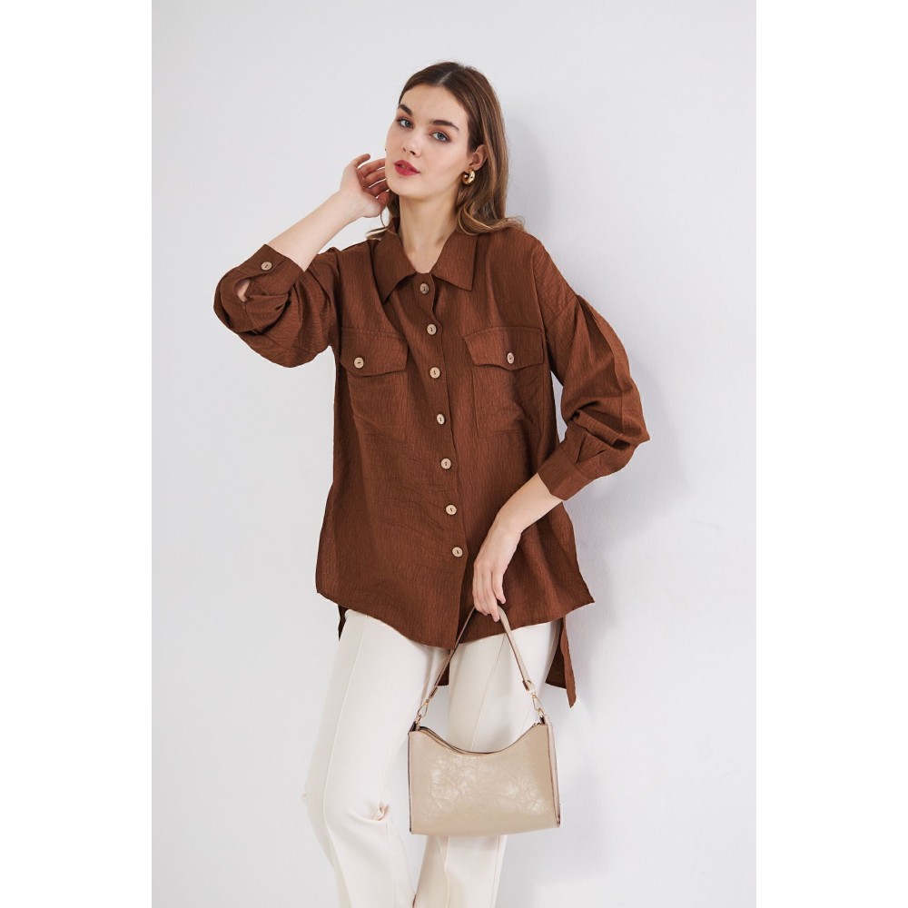 Pasaklı Giyim Pasaklı Giyim Kadın Oversize Arkası Uzun Tunik Gömlek Kahverengi - Premium Kadın Giyim