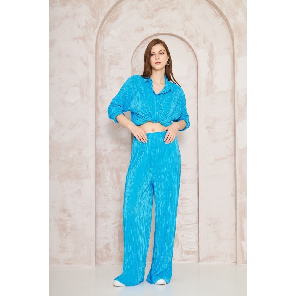 Pasaklı Giyim kadın Piliseli Bürümcük Pantolon Tunik Alt Üst Takım 3573374 Mavi
