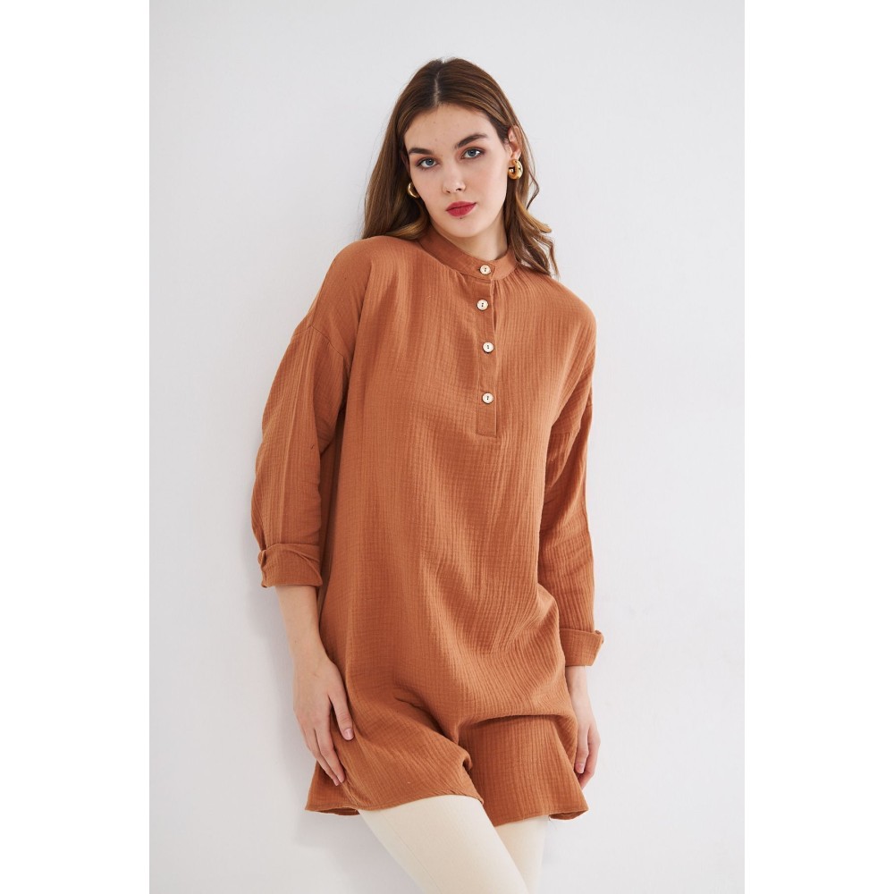 Pasaklı Giyim Pasaklı Giyim Kadın Müslin Tunik Gömlek Kahverengi - Premium Kadın Giyim