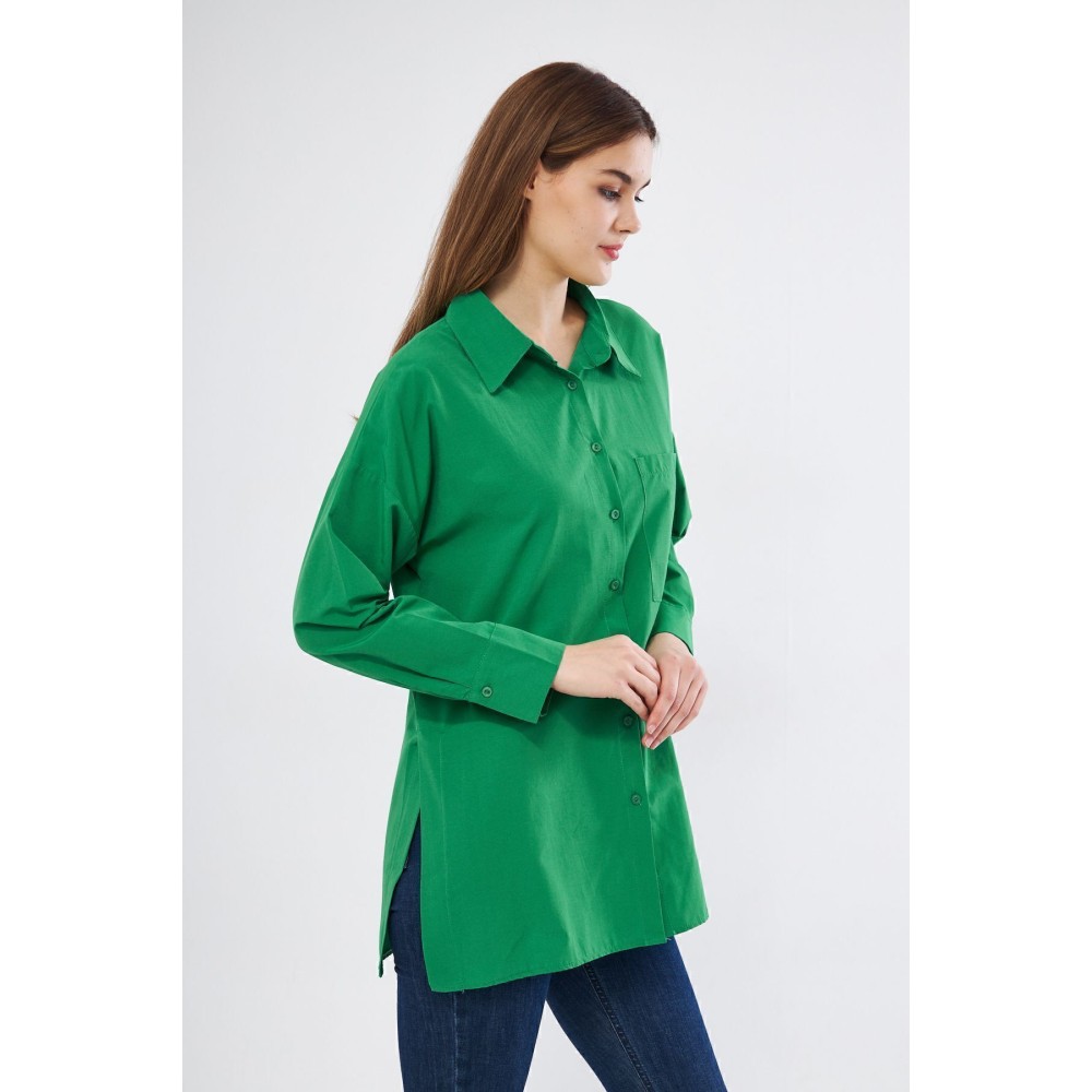 Pasaklı Giyim Kadın Benetton Yeşil Uzun Kollu Terikoton Özel Kumaş Cepli Spor Uzun Tunik Gömlek - Premium Kadın Giyim