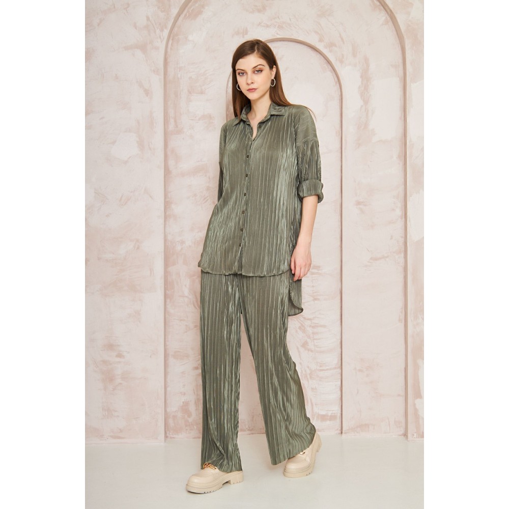 Pasaklı Giyim Pasaklı Giyim kadın Piliseli Bürümcük Pantolon Tunik Alt Üst Takım Haki - Premium Kadın Giyim