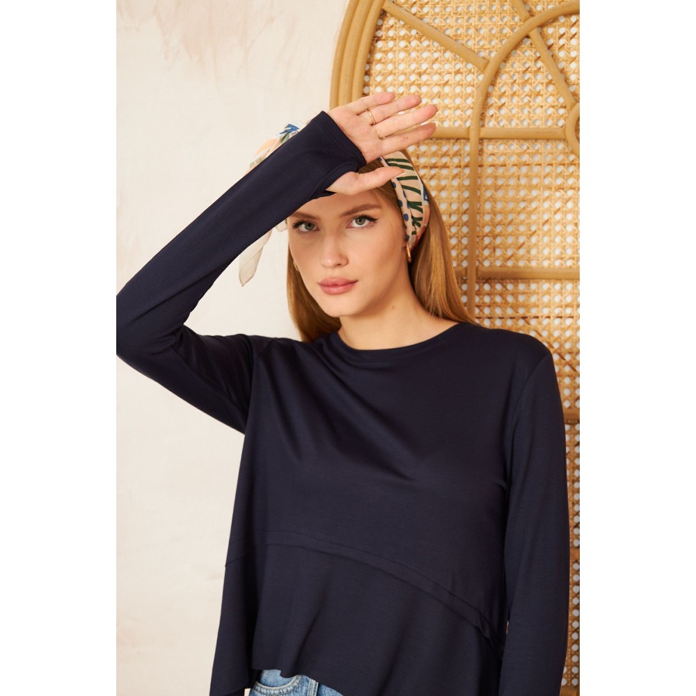 Pasaklı Giyim Pasaklı Giyim Kadın Parmak Geçirmeli Yoga Bluz Lacivert - Premium Kadın Giyim