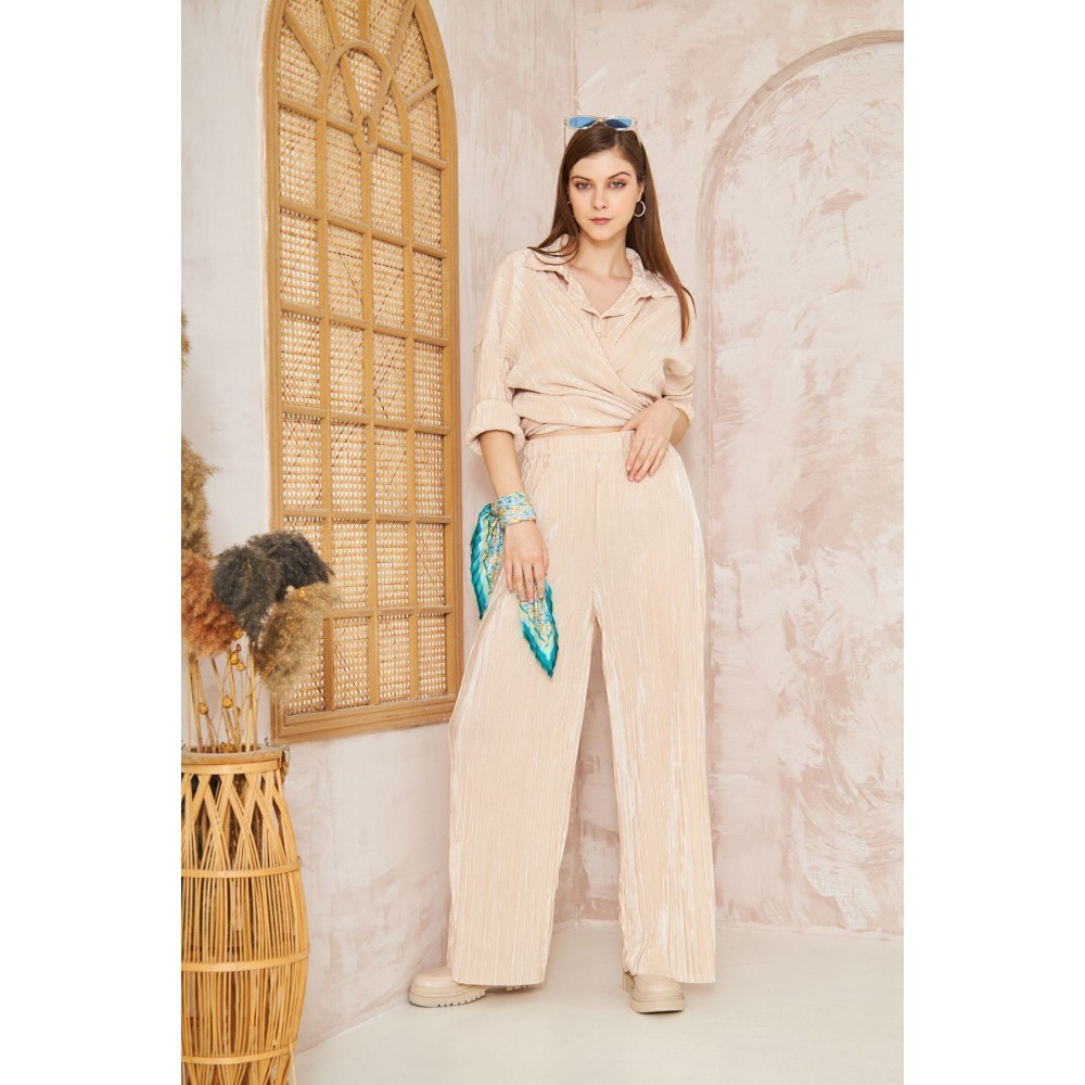 Pasaklı Giyim Pasaklı Giyim kadın Piliseli Bürümcük Pantolon Tunik Alt Üst Takım Bej - Premium Kadın Giyim