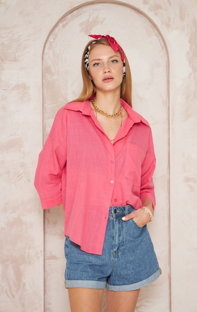 Pasaklı Giyim Kadın Flamlı Keten Gömlek 3619275 Fuşya