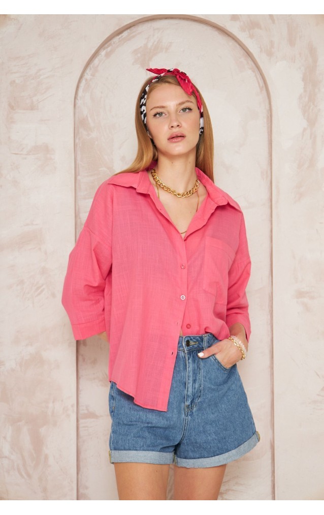 Pasaklı Giyim Kadın Flamlı Keten Gömlek 3619275 Fuşya