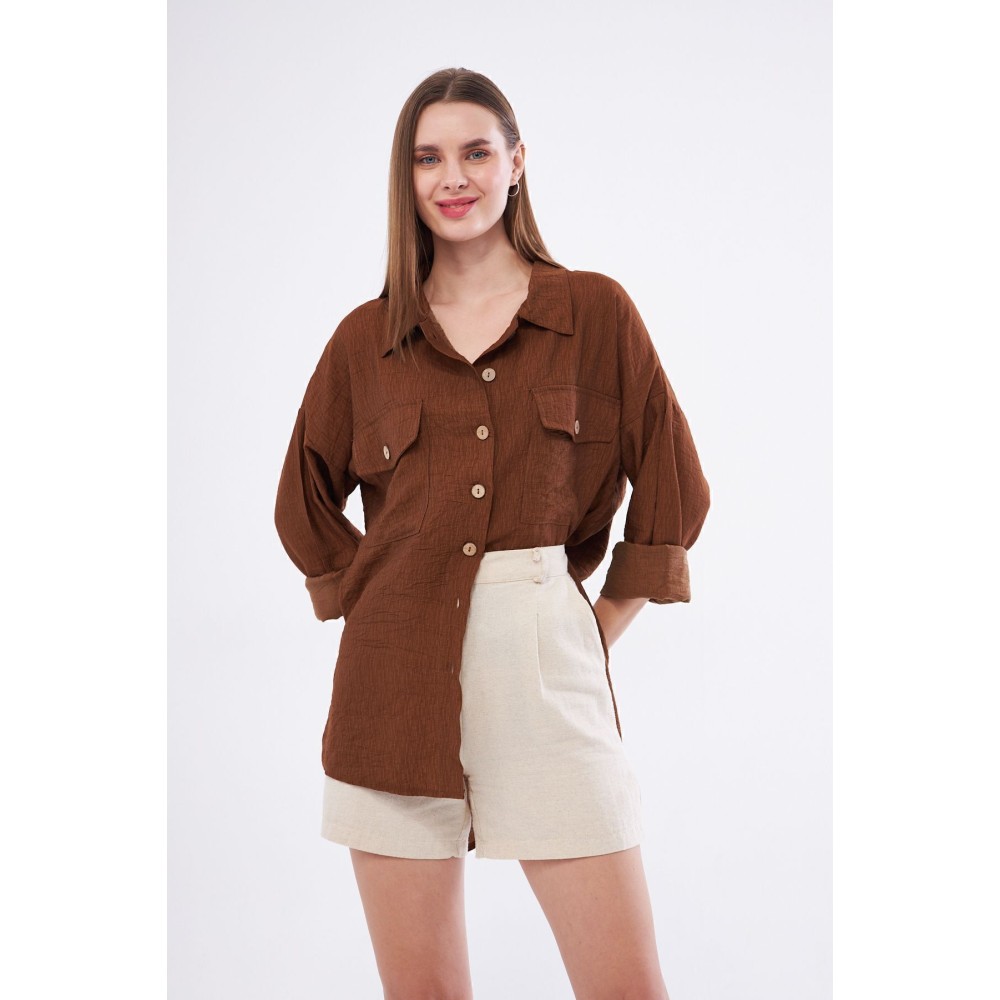 Pasaklı Giyim Pasaklı Giyim Kadın Oversize Arkası Uzun Tunik Gömlek Kahverengi - Premium Kadın Giyim