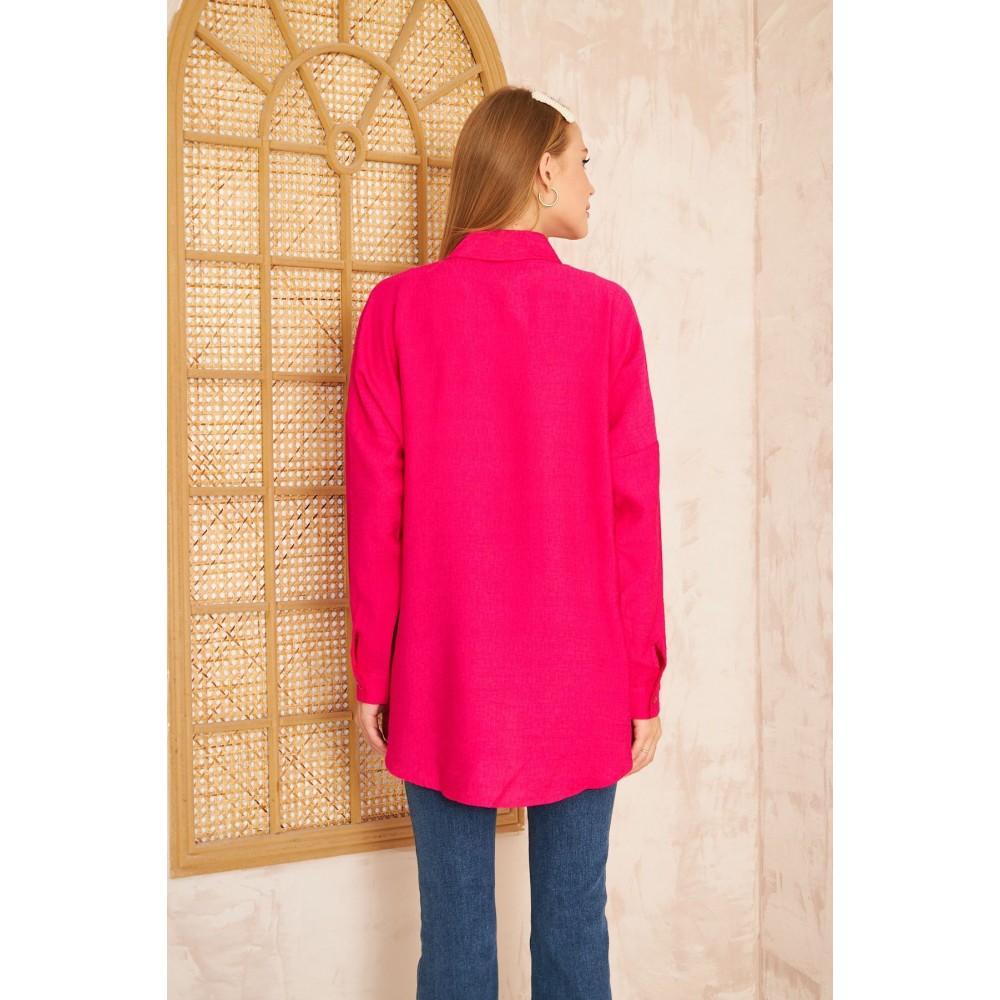 Pasaklı Giyim Pasaklı Giyim Kadın İnci İşleme Keten Tunik Gömlek Fuşya - Premium Kadın Giyim