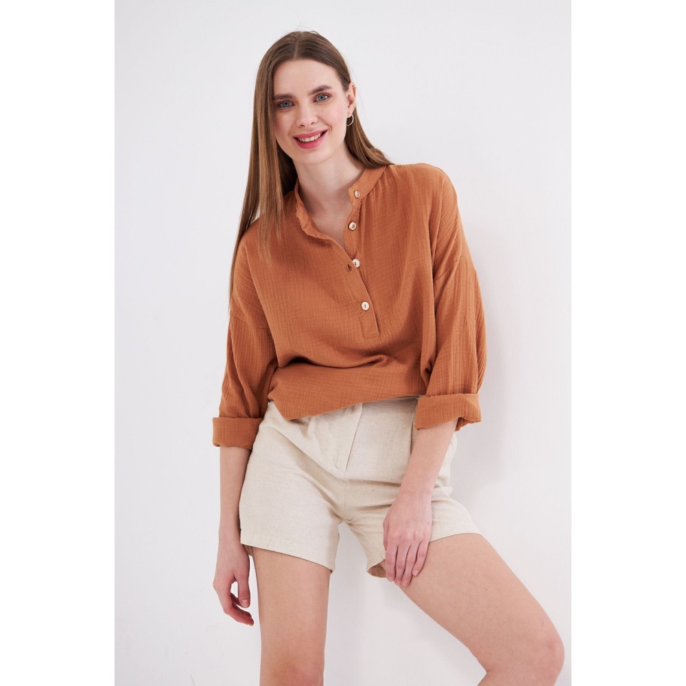 Pasaklı Giyim Pasaklı Giyim Kadın Müslin Tunik Gömlek Kahverengi - Premium Kadın Giyim