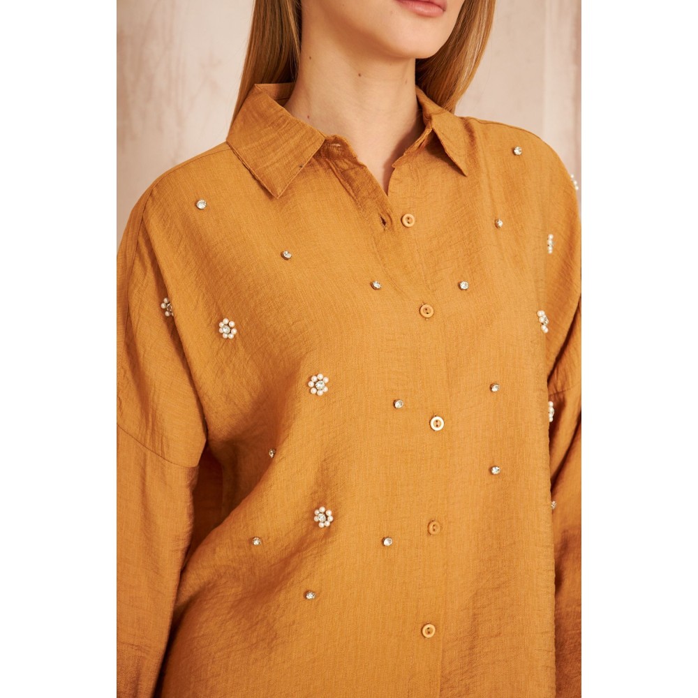 Pasaklı Giyim Pasaklı Giyim Kadın İnci İşleme Keten Tunik Gömlek Karamel - Premium Kadın Giyim