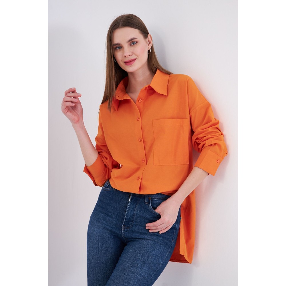 Pasaklı Giyim Kadın Turuncu Uzun Kollu Terikoton Özel Kumaş Cepli Spor Uzun Tunik Gömlek - Premium Kadın Giyim