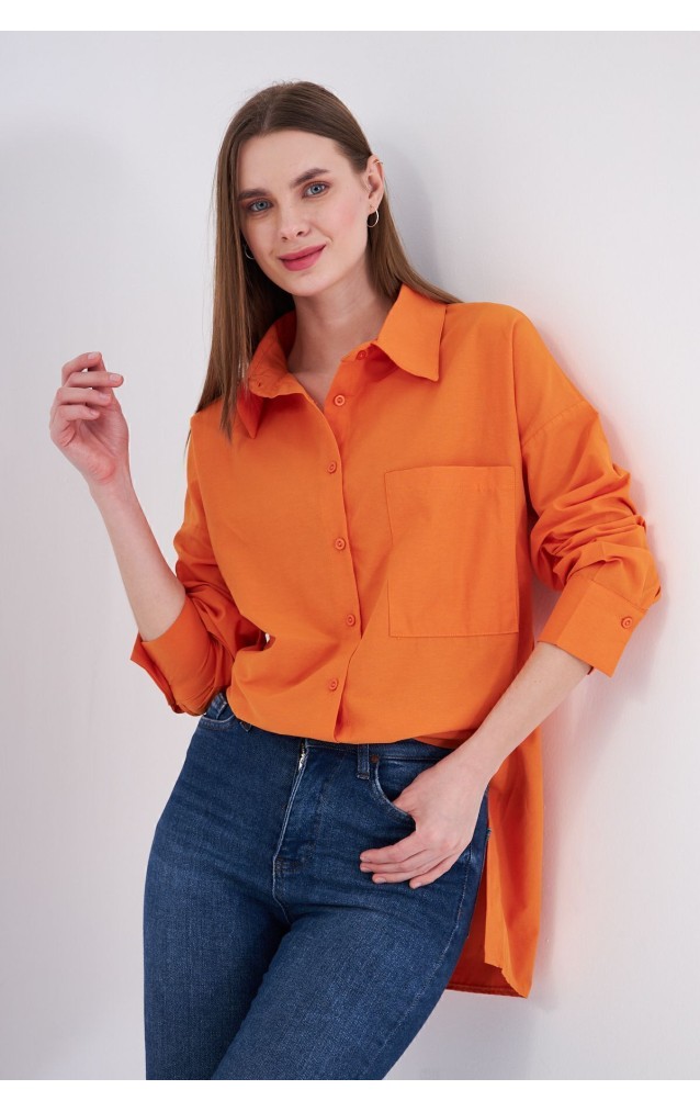 Kadın Turuncu Uzun Kollu Terikoton Özel Kumaş Cepli Spor Uzun Tunik Gömlek 3518185