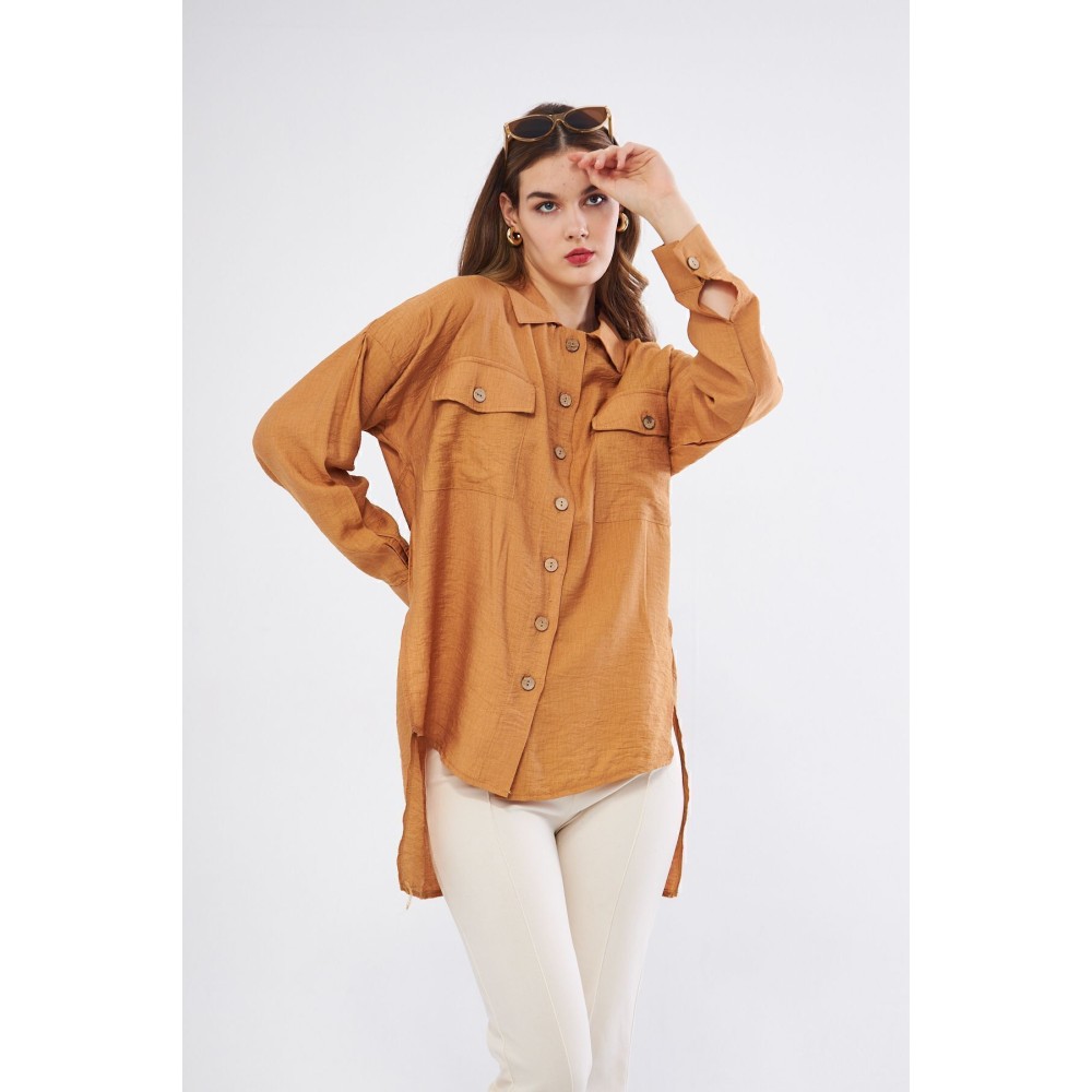 Pasaklı Giyim Pasaklı Giyim Kadın Oversize Arkası Uzun Tunik Gömlek Bej - Premium Kadın Giyim