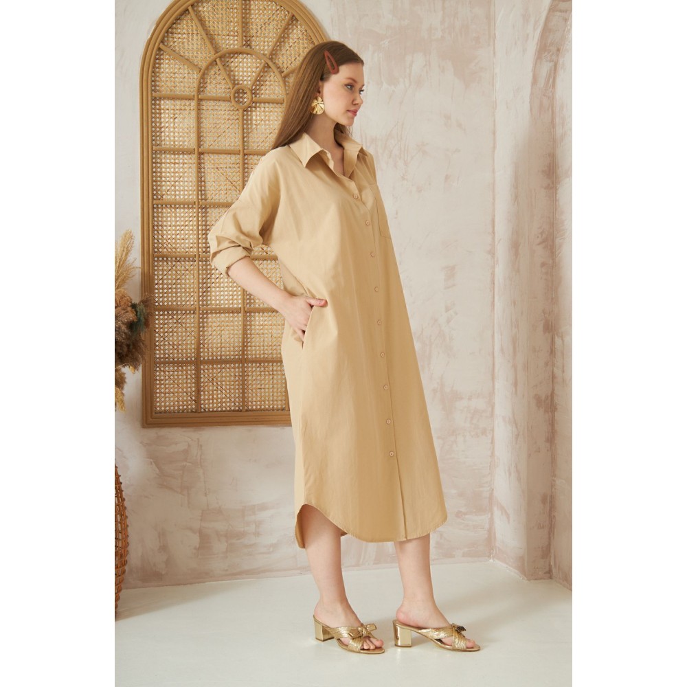 Pasaklı Giyim Pasaklı Giyim Kadın Poplin Oversize Tunik-Gömlek Elbise Bej - Premium Kadın Giyim