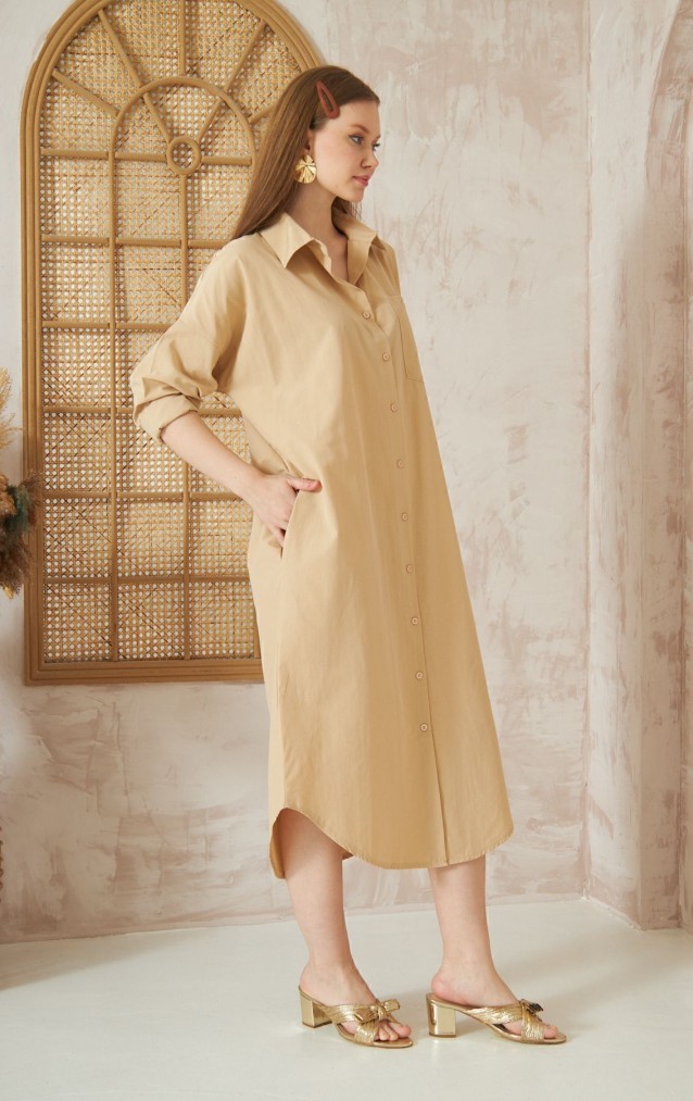 Pasaklı Giyim Kadın Poplin Oversize Tunik-Gömlek Elbise 3555352 Bej