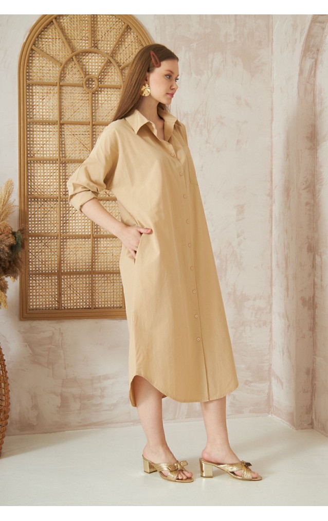 Pasaklı Giyim Kadın Poplin Oversize Tunik-Gömlek Elbise 3555352 Bej