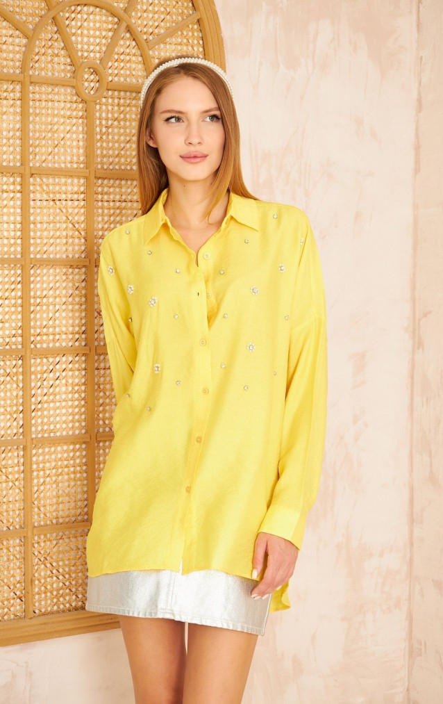 Pasaklı Giyim Kadın İnci İşleme Keten Tunik Gömlek 3527292 Sarı