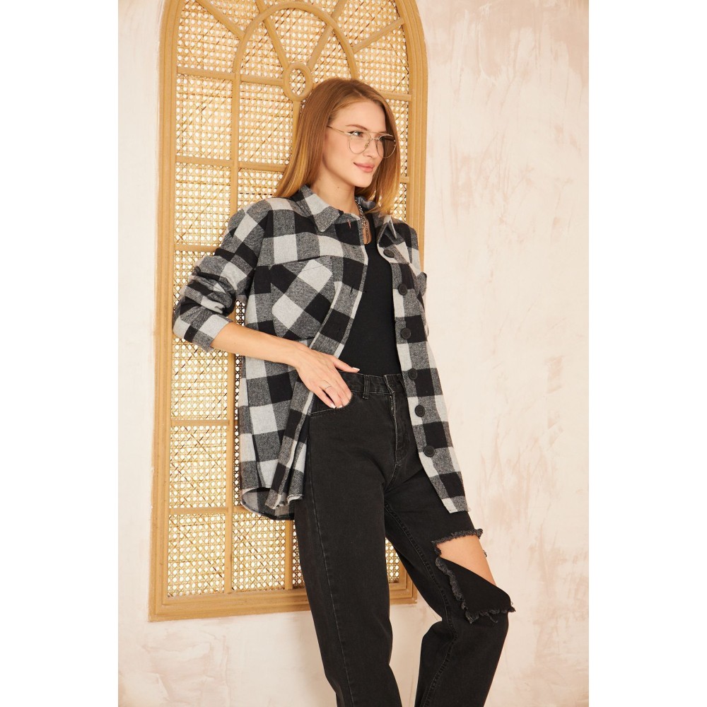 Pasaklı Giyim Pasaklı Giyim Kadın Kaşe Ekose Oduncu Gömlek Gri - Premium Kadın Giyim