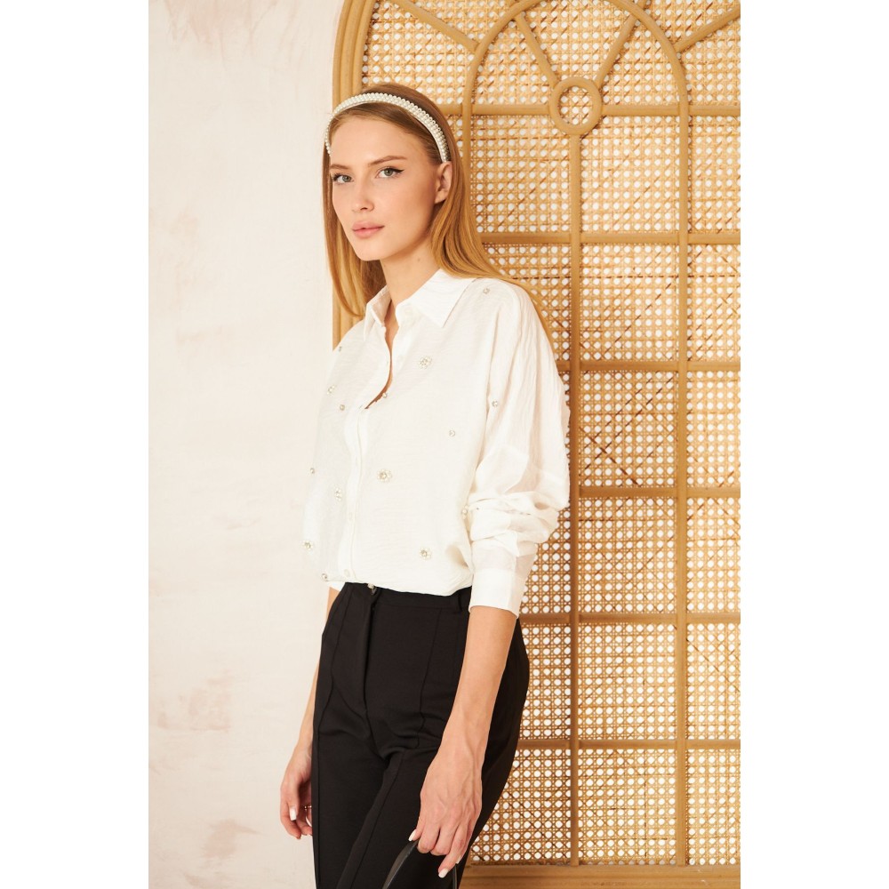 Pasaklı Giyim Pasaklı Giyim Kadın İnci İşleme Keten Tunik Gömlek Beyaz - Premium Kadın Giyim