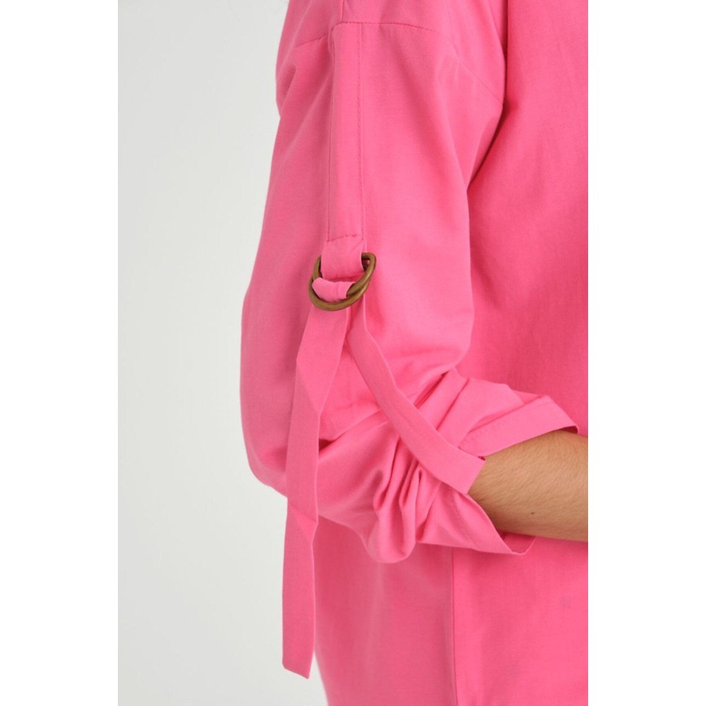 Pasaklı Giyim Kadın Fuşya Pembe Uzun Kollu Apoletli Cepli Toka Detaylı Oval Bol Kesim Poplin Salaş Gömlek - Premium Kadın Giyim