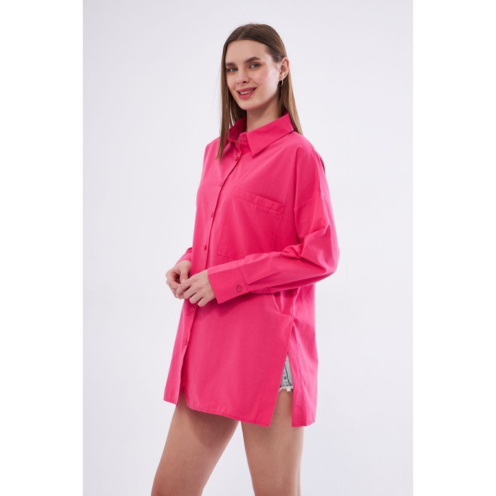 Pasaklı Giyim Kadın Fuşya Pembe Uzun Kollu Terikoton Özel Kumaş Cepli Spor Uzun Tunik Gömlek - Premium Kadın Giyim
