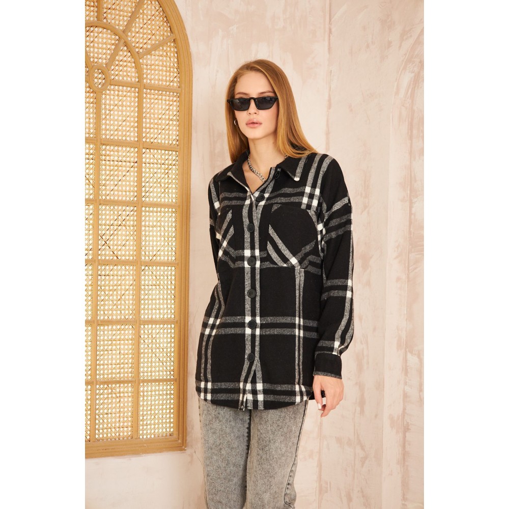 Pasaklı Giyim Pasaklı Giyim Kadın Kaşe Ekose Oduncu Gömlek Siyah - Premium Kadın Giyim
