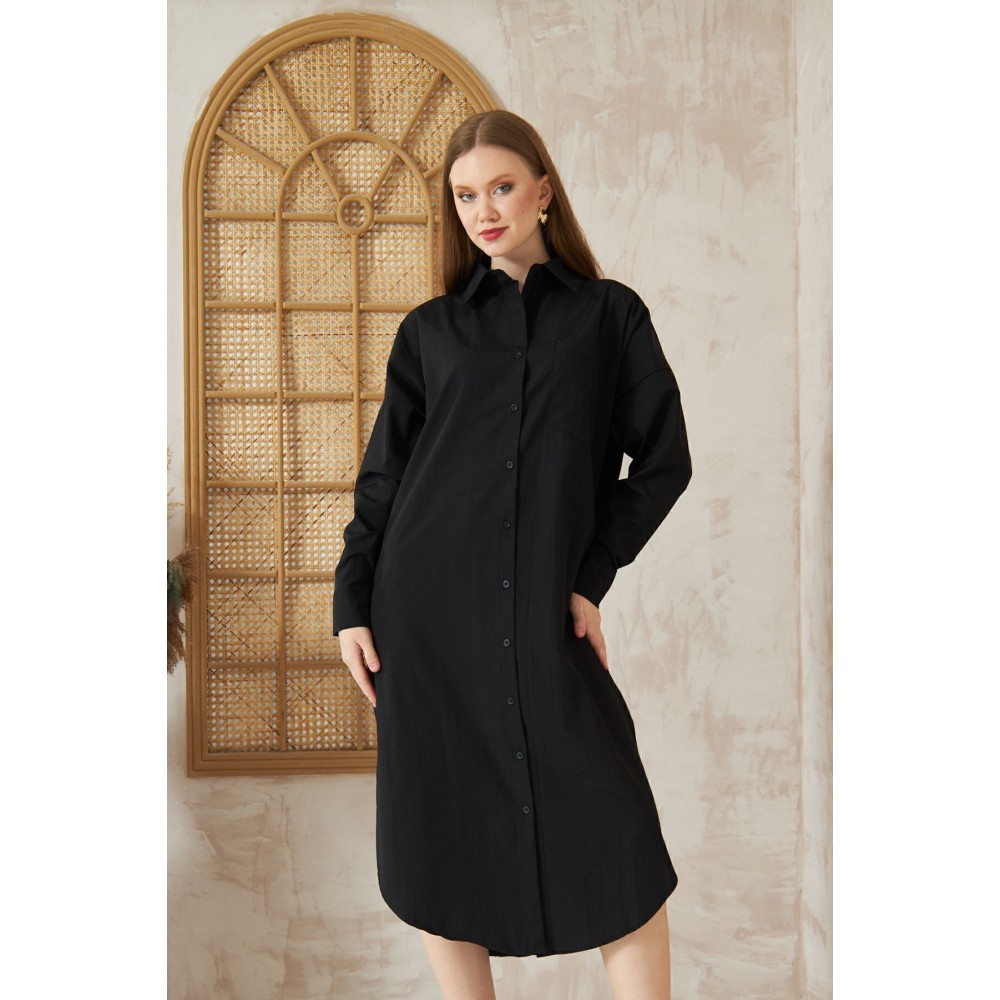 Pasaklı Giyim Pasaklı Giyim Kadın Poplin Oversize Tunik-Gömlek Elbise Siyah - Premium Kadın Giyim