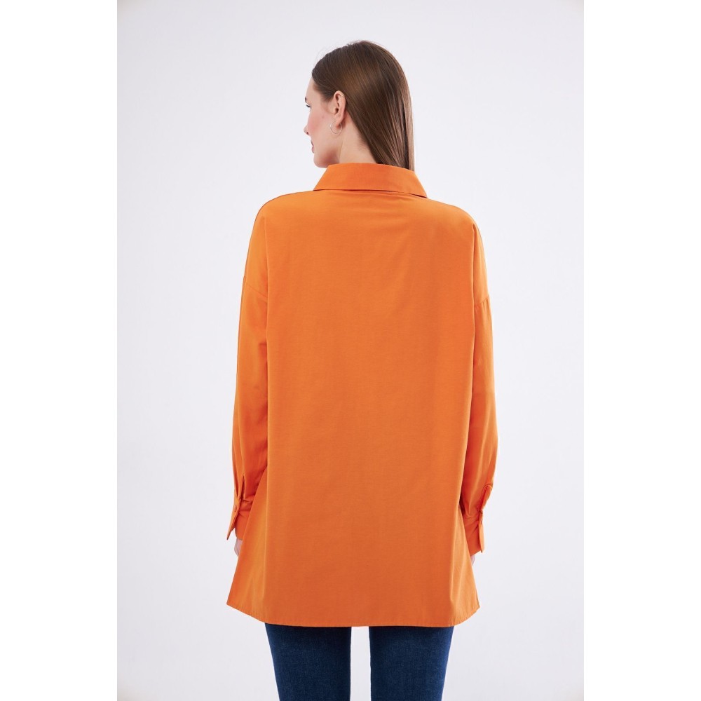 Pasaklı Giyim Kadın Turuncu Uzun Kollu Terikoton Özel Kumaş Cepli Spor Uzun Tunik Gömlek - Premium Kadın Giyim