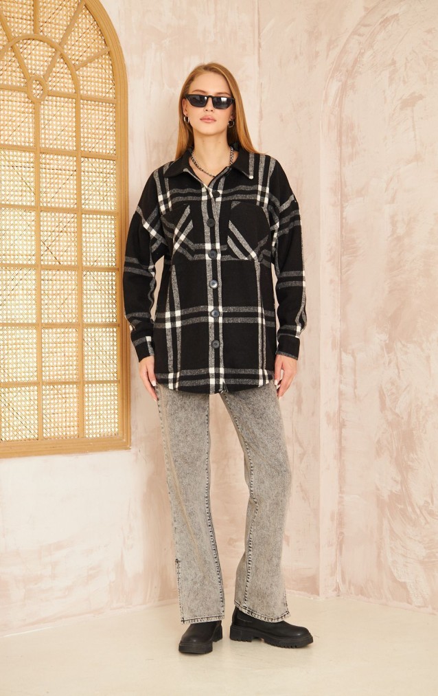 Pasaklı Giyim Kadın Kaşe Ekose Oduncu Gömlek 3539363 Siyah