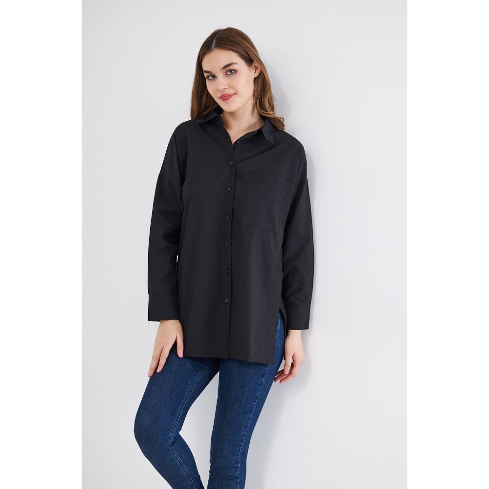 Pasaklı Giyim Kadın Siyah Uzun Kollu Terikoton Özel Kumaş Cepli Spor Uzun Tunik Gömlek - Premium Kadın Giyim