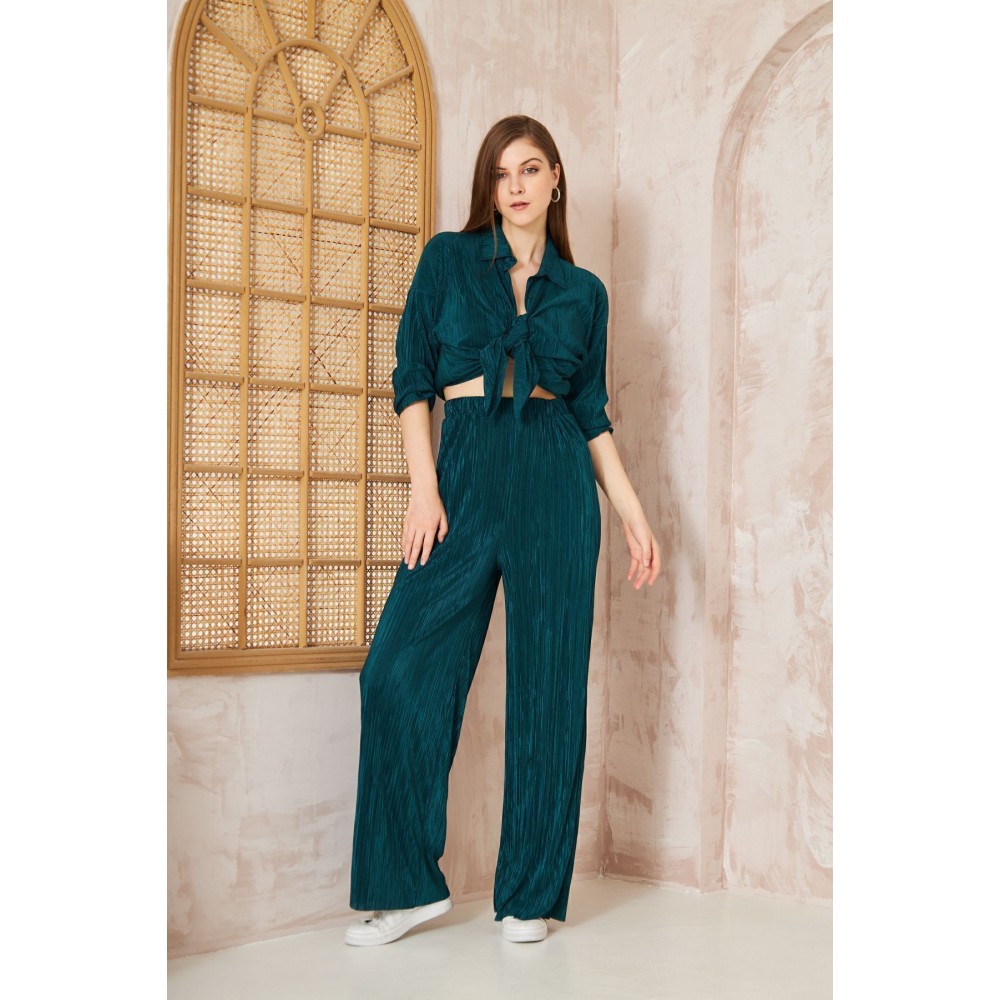 Pasaklı Giyim Pasaklı Giyim kadın Piliseli Bürümcük Pantolon Tunik Alt Üst Takım Petrol - Premium Kadın Giyim
