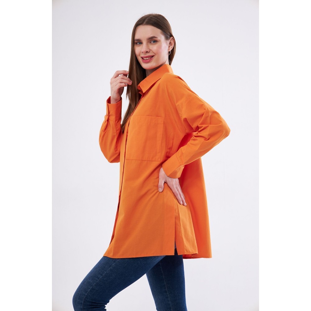 Pasaklı Giyim Kadın Turuncu Uzun Kollu Terikoton Özel Kumaş Cepli Spor Uzun Tunik Gömlek - Premium Kadın Giyim