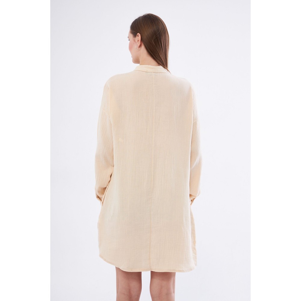 Pasaklı Giyim Kadın Taş Muslin Uzun Kollu Hakim Yaka Cepli Günlük Yazlık Tunik Gömlek Elbise - Premium Kadın Giyim