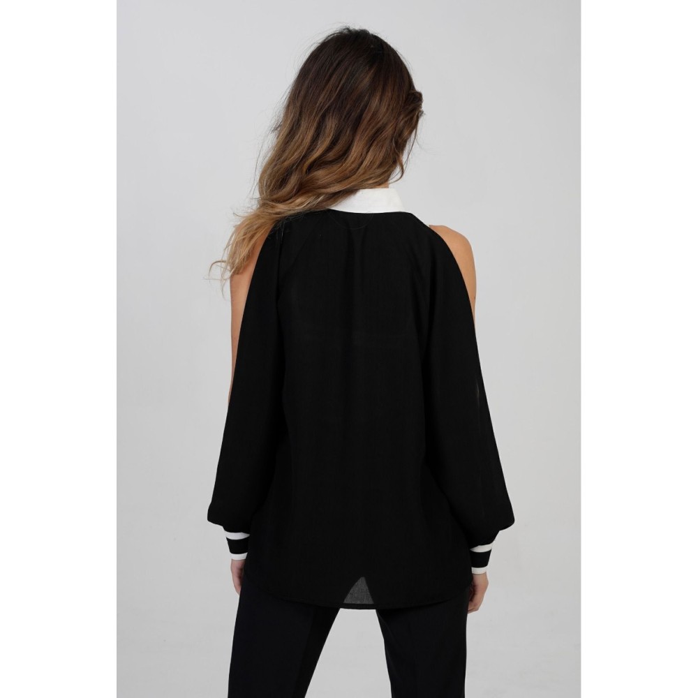 Pasaklı Giyim Pasaklı Giyim Kadın Siyah Kol Yırtmaçlı Beyaz Fularlı Quen Krep Gömlek- - Premium Kadın Giyim