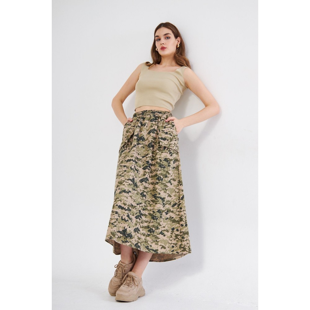 Pasaklı Giyim Pasaklı Giyim Kadın Kamuflaj Desen Gabardin Etek Haki Bej - Premium Kadın Giyim