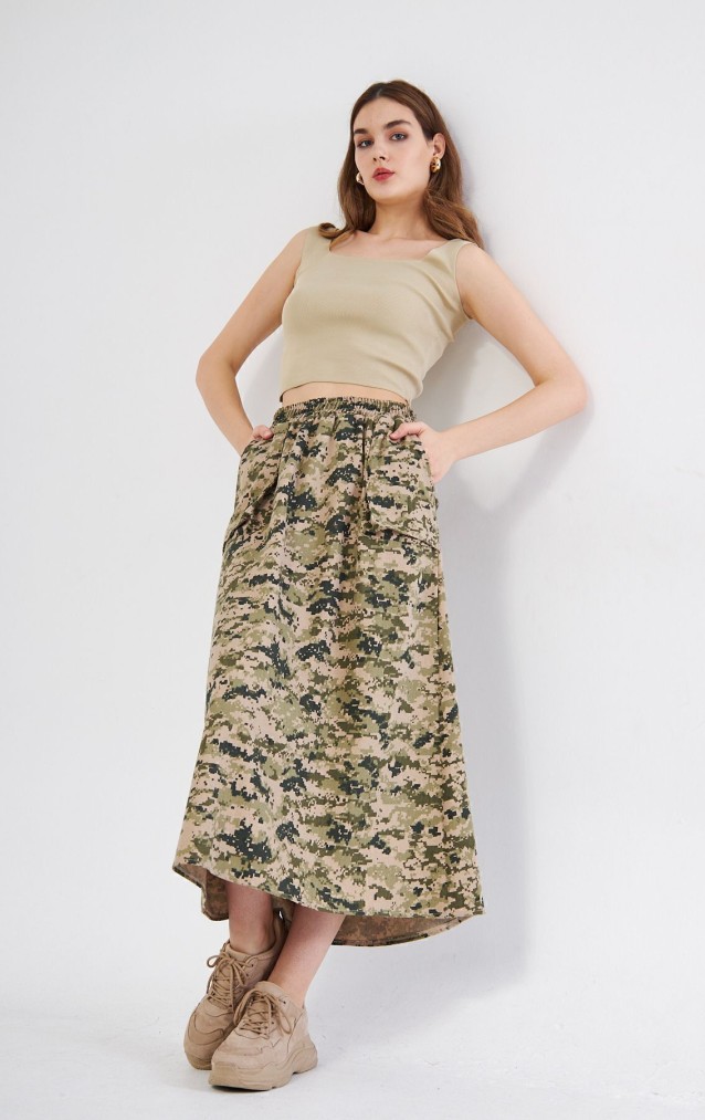 Pasaklı Giyim Kadın Kamuflaj Desen Gabardin Etek  Haki Bej 3553220