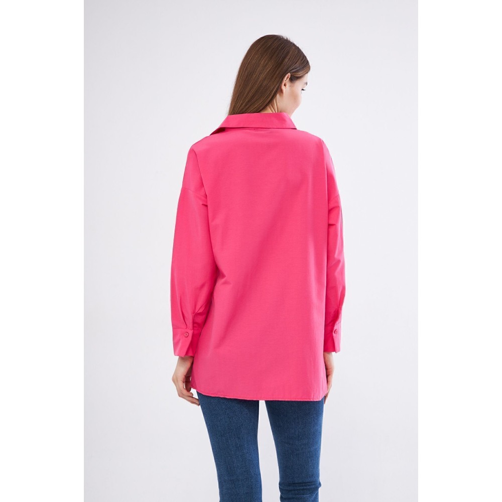 Pasaklı Giyim Kadın Fuşya Pembe Uzun Kollu Terikoton Özel Kumaş Cepli Spor Uzun Tunik Gömlek - Premium Kadın Giyim