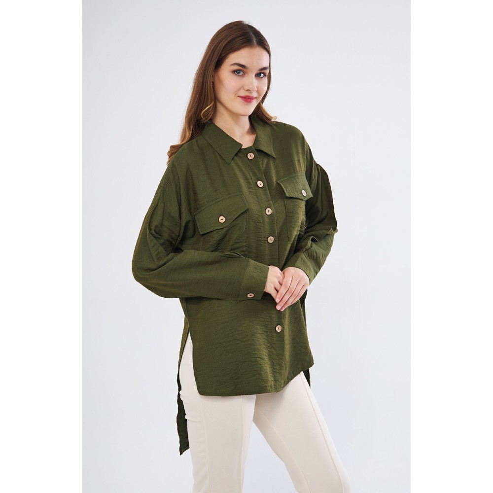 Pasaklı Giyim Pasaklı Giyim Kadın Oversize Arkası Uzun Tunik Gömlek Haki - Premium Kadın Giyim