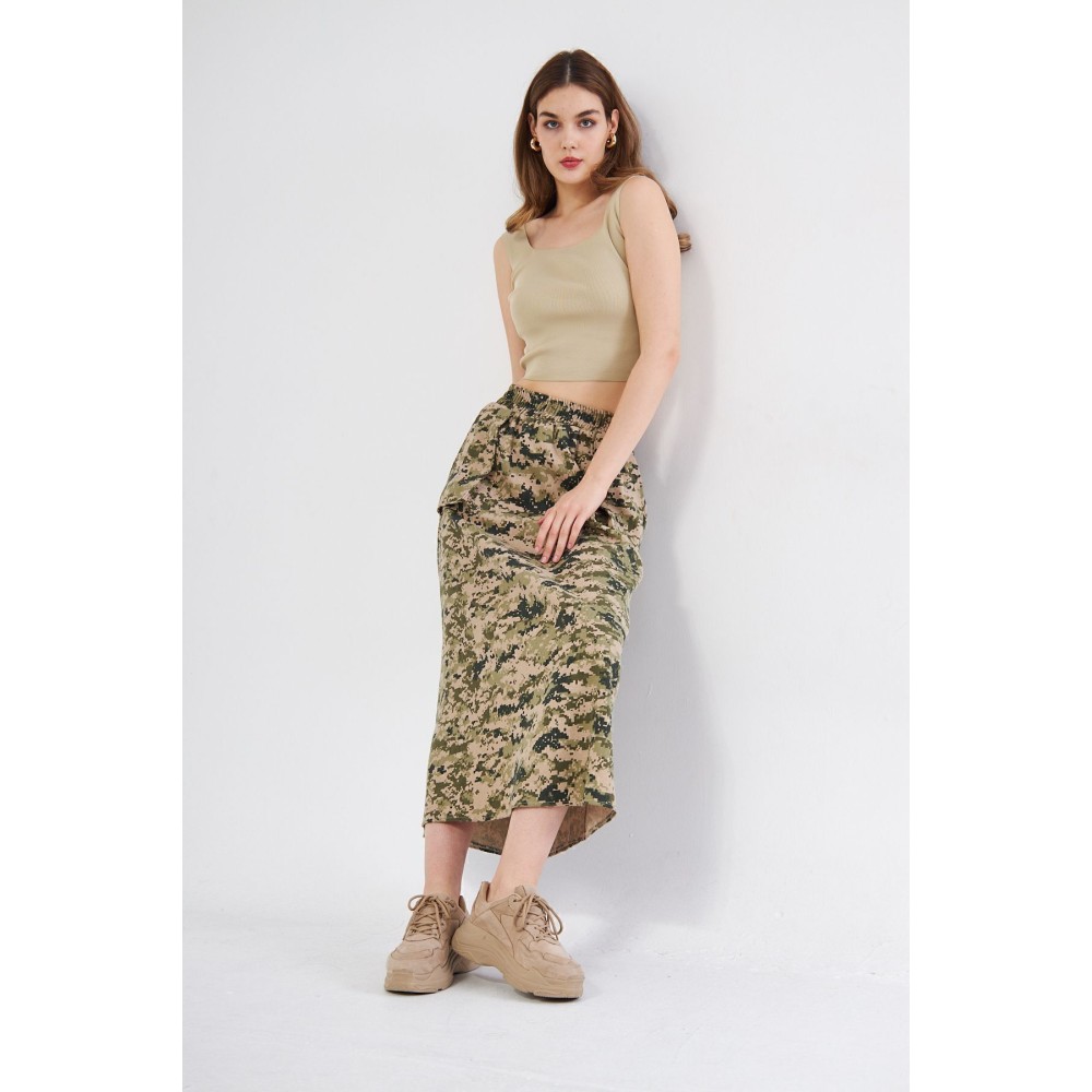 Pasaklı Giyim Pasaklı Giyim Kadın Kamuflaj Desen Gabardin Etek Haki Bej - Premium Kadın Giyim