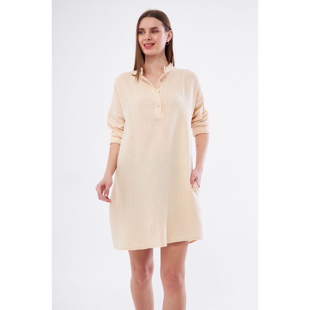 Pasaklı Giyim Kadın Taş Muslin Uzun Kollu Hakim Yaka Cepli Günlük Yazlık Tunik Gömlek Elbise - Premium Kadın Giyim